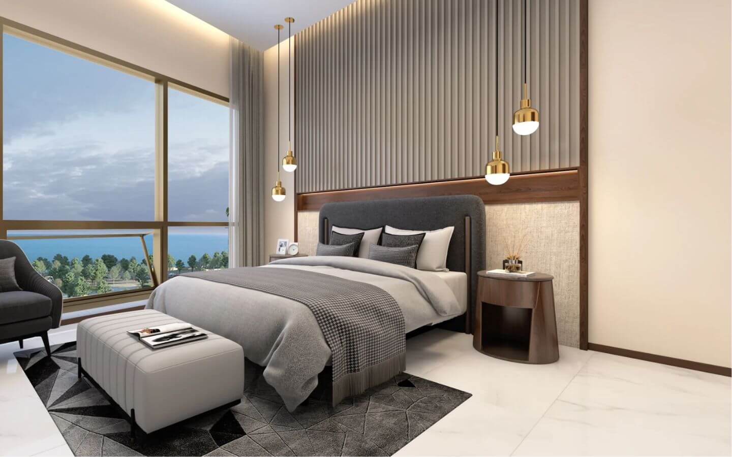 4-Bed Apartment for Sale at Grand Monarch Seaside Residency Clifton (6) Modern bedroom at Grand Monarch Seaside Residency Clifton with large sea-view windows and contemporary furnishings