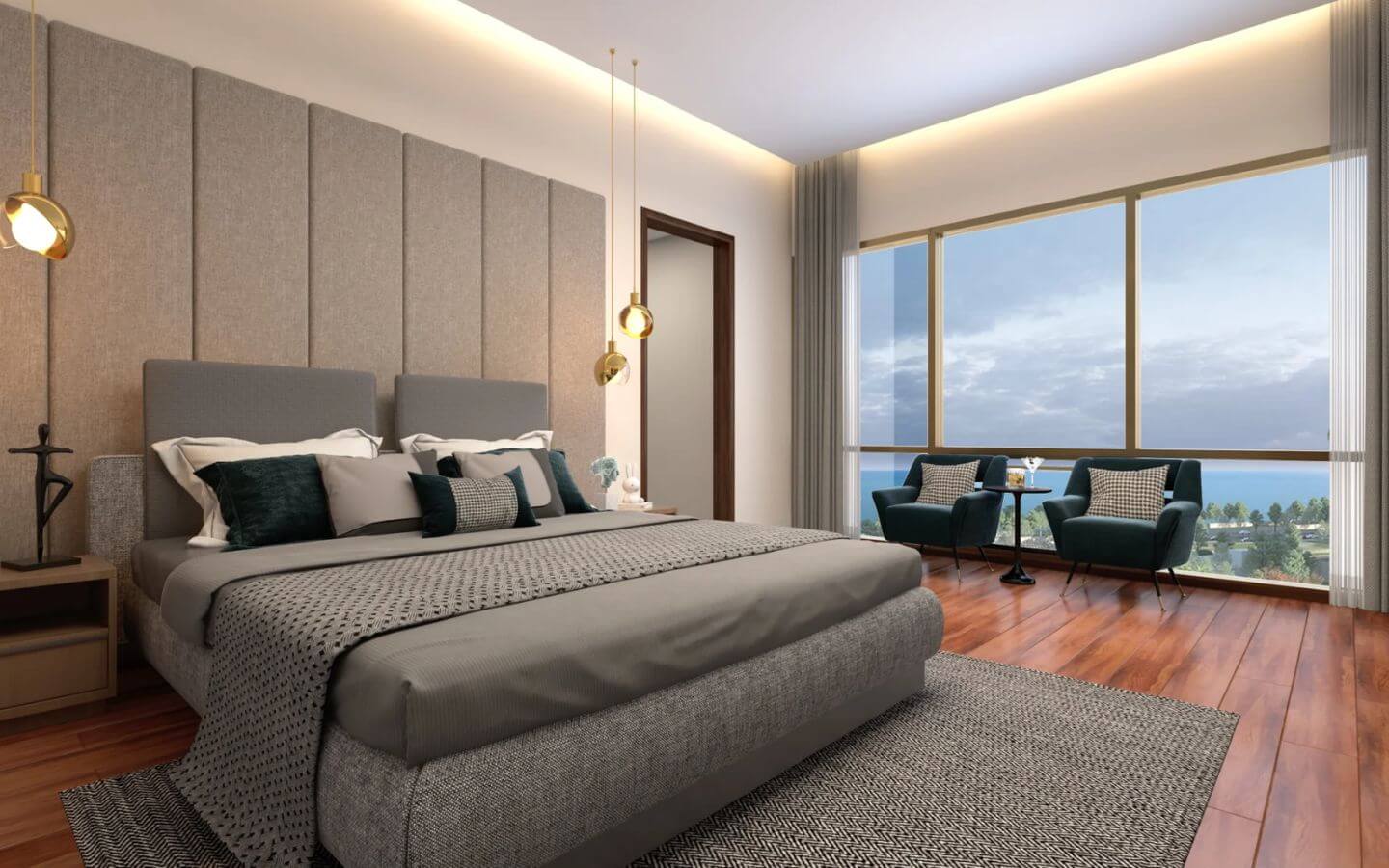 4-Bed Apartment for Sale at Grand Monarch Seaside Residency Clifton (7) Modern bedroom in 4-bed apartment at Grand Monarch Seaside Residency Clifton with sea view from large windows