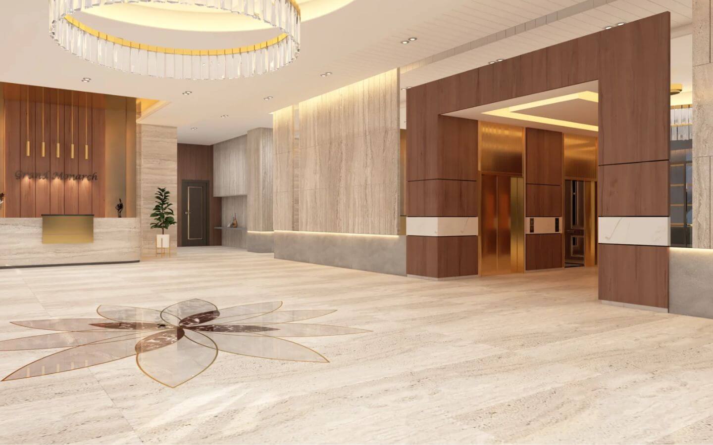 Grand Monarch Seaside Residency Karachi – 5 Bedrooms Penthouse For Sale and Booking (11) Grand Monarch Seaside Residency lobby in Clifton with marble floors, floral inlay, wooden paneling and modern chandeliers
