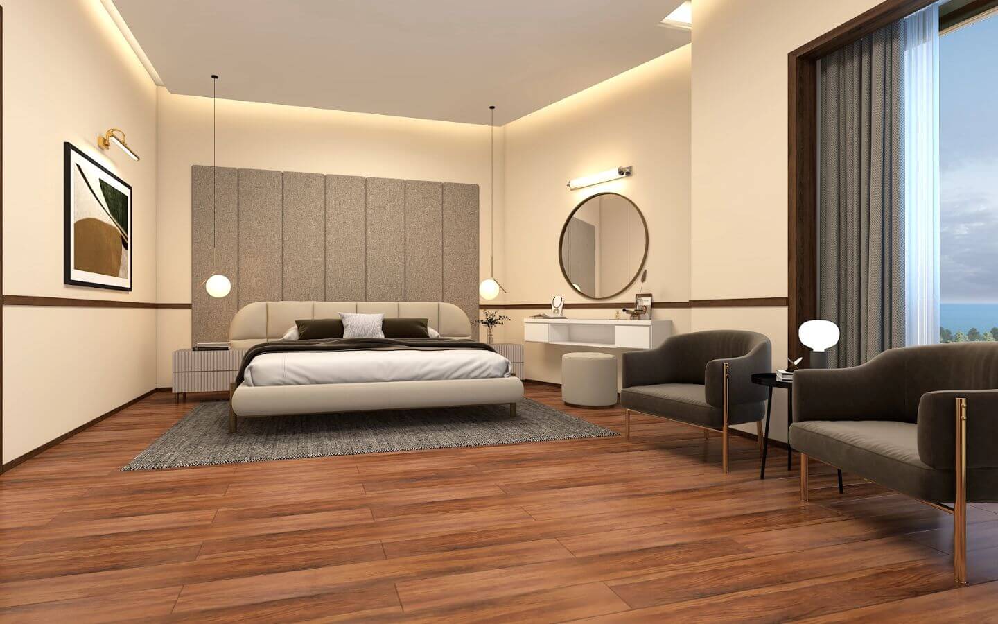 Grand Monarch Seaside Residency Karachi – 5 Bedrooms Penthouse For Sale and Booking (5) Luxury bedroom at Grand Monarch Seaside Residency Clifton with king bed, vanity, armchairs and sea view