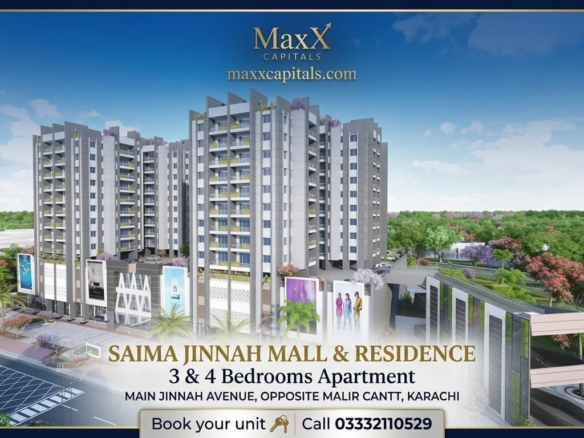 Saima Jinnah Mall Residence Apartment Towers With Balconies And Landscaped Gardens Near Airport In Karachi