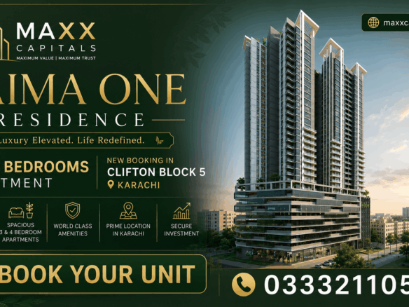 Modern High-Rise Tower At Saima One Residency In Clifton Block 5 Karachi With Sleek Glass And Concrete Facade