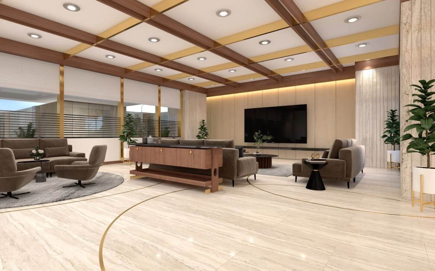 3-Bed Apartment for Sale at Grand Monarch Seaside Residency Clifton (10) Modern living room in 3-Bed Apartment at Grand Monarch Seaside Residency with marble floors, taupe sofas and wooden accents