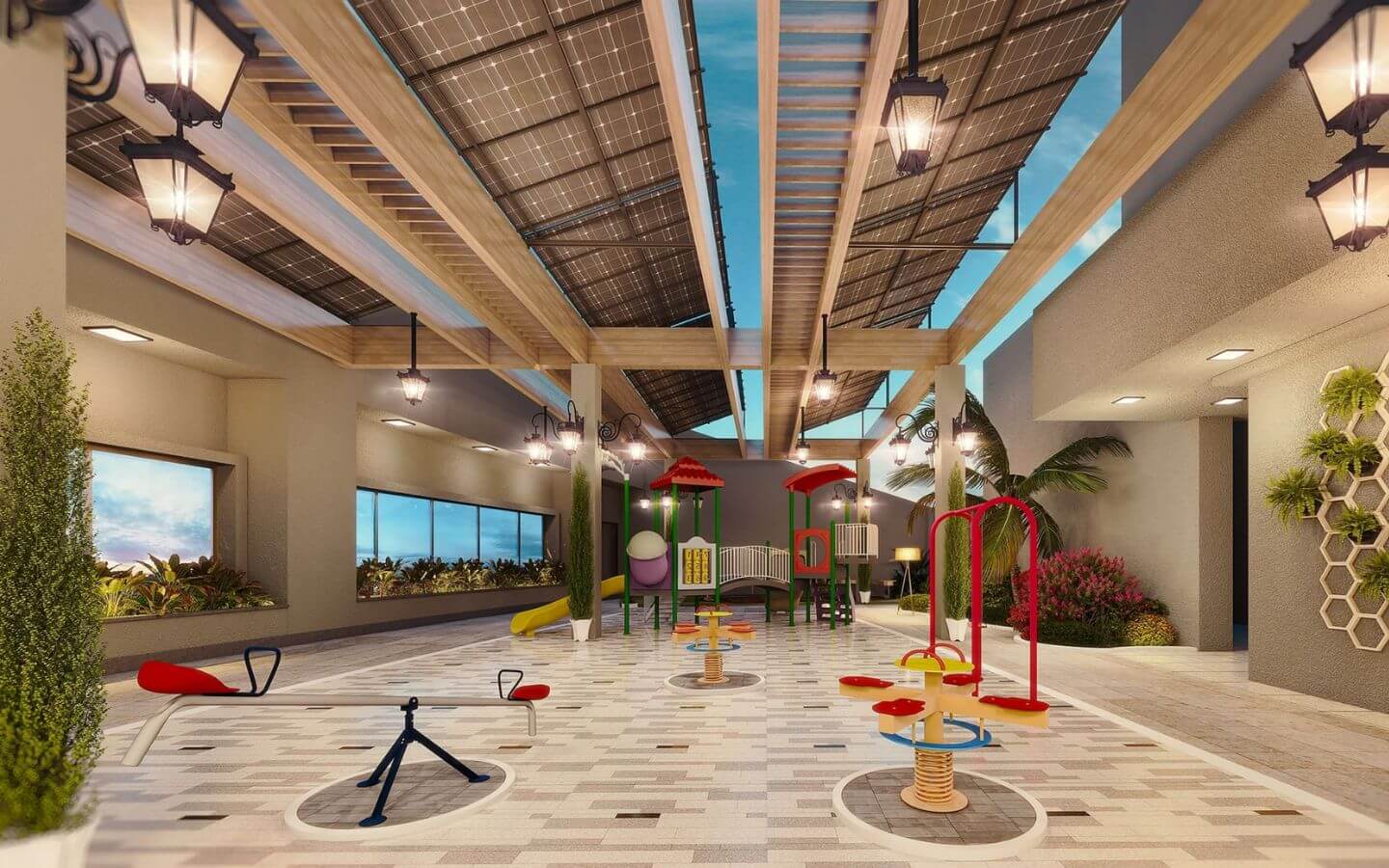 3-Bed Apartment for Sale at Grand Monarch Seaside Residency Clifton (3) Children's playground at Grand Monarch Seaside Residency with seesaw, merry-go-round, slides and large windows