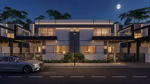 Contemporary Two-Story Villa With Geometric White And Dark Grey Facade, Large Illuminated Windows, Cantilevered Balconies Wit