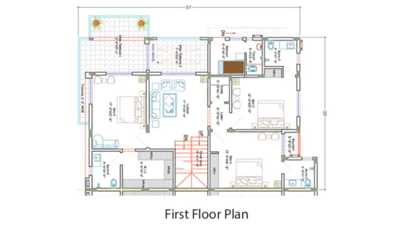 First floor architectural plan of luxury villa with bedrooms, living areas, kitchen, bathrooms, balconies, staircase and labe