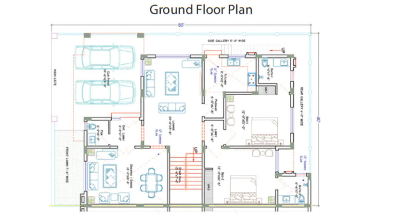 Ground floor architectural plan showing car porch for two vehicles, front lawn, drawing room, lounge, dining area, three bedr