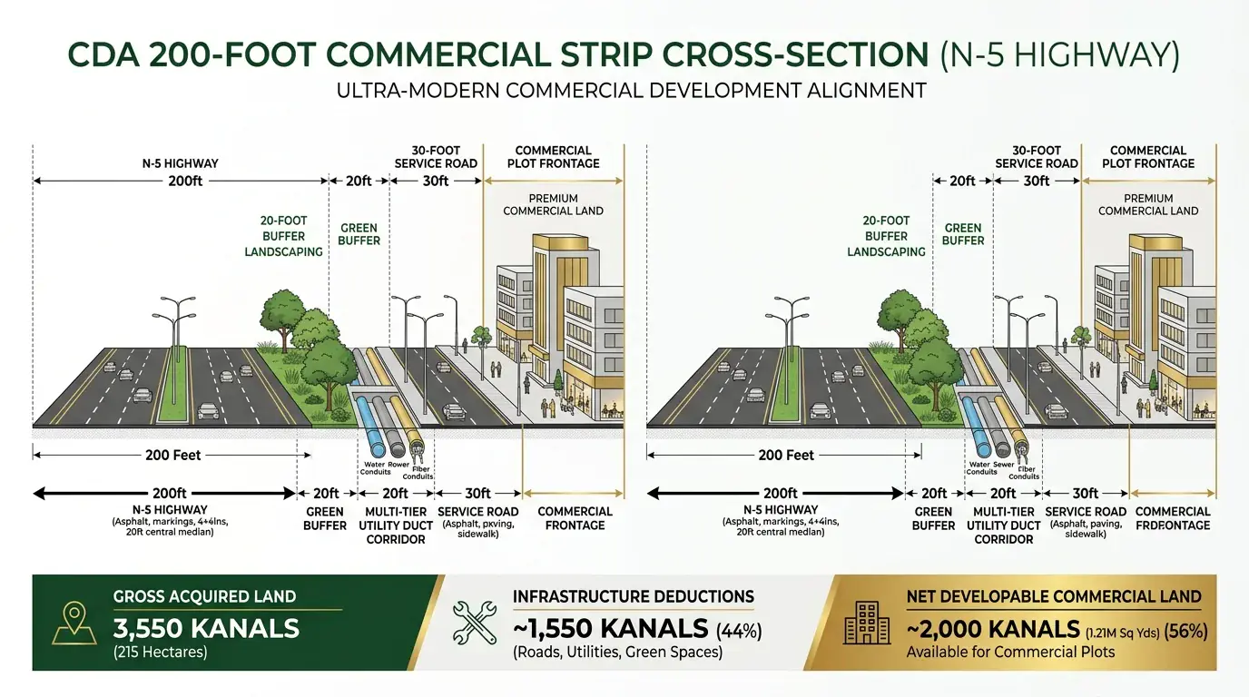 Cda 16Km G.t. Road Commercial Development: Master Plan, 2,000-Kanal Land Breakdown, And Investor Reality Check 3 Gross To Net Kanal Conversion Diagram Showing 3550 Gross To 2000 Net Commercial Kanals Along N-5