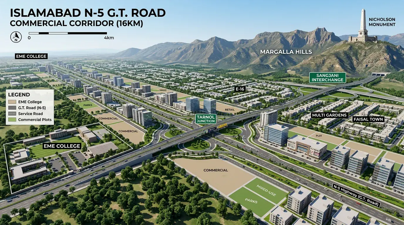 Cda 16Km G.t. Road Commercial Development: Master Plan, 2,000-Kanal Land Breakdown, And Investor Reality Check 2 Cda Gt Road Commercial Corridor 16Km Linear Alignment Map From Eme College To Nicholson Monument