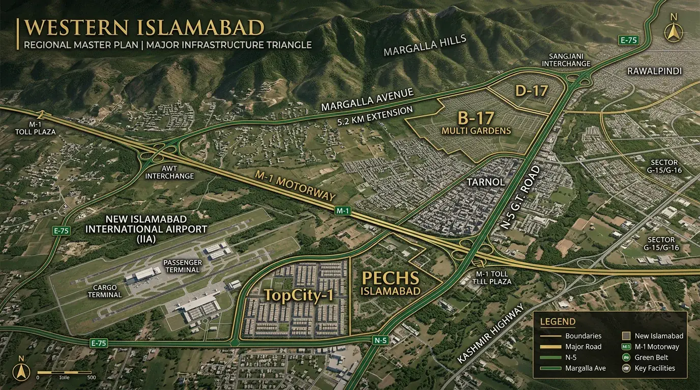The Western Islamabad Commercial Boom: How Cda'S 16Km G.t. Road Strip Is Reshaping Property Values From Tarnol To The Airport 2 Western Islamabad Regional Transit Map Showing N-5 Gt Road, Margalla Avenue Extension, M-1, And New Islamabad Airport
