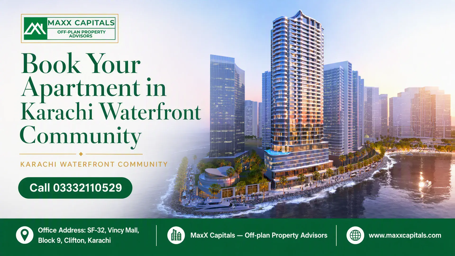Modern High-Rise Towers Overlooking The Sea With Lush Landscaping, Located In The Karachi Waterfront Community.