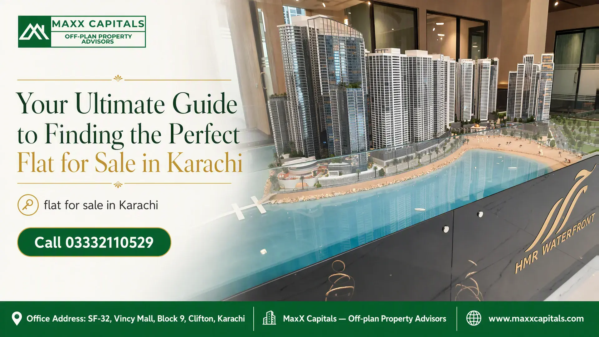 Architectural Scale Model Of Luxury Beachfront High-Rise Towers Featuring Modern Flat For Sale In Karachi.