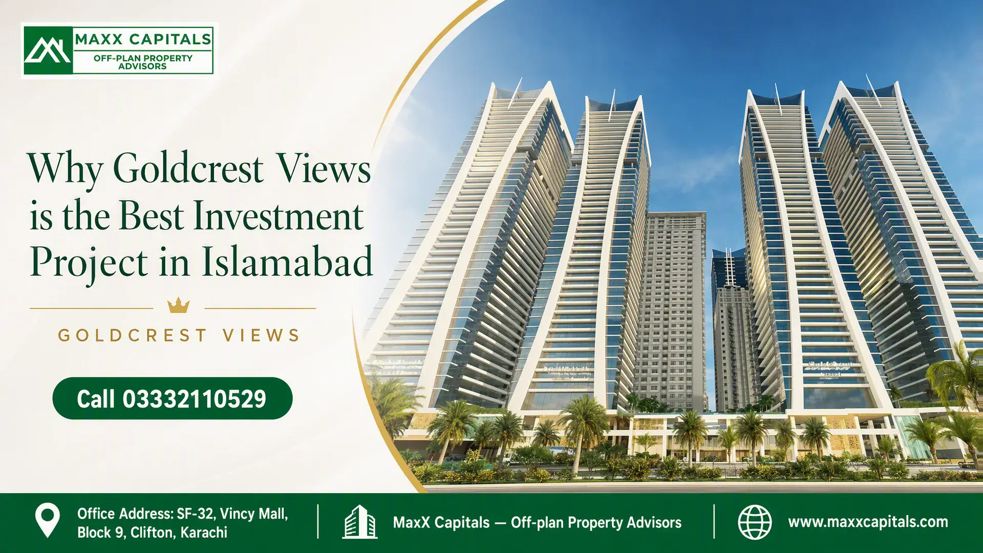 Modern High-Rise Towers Of Goldcrest Views Islamabad Featuring Sleek Glass Facades And Palm-Lined Podium Architecture.