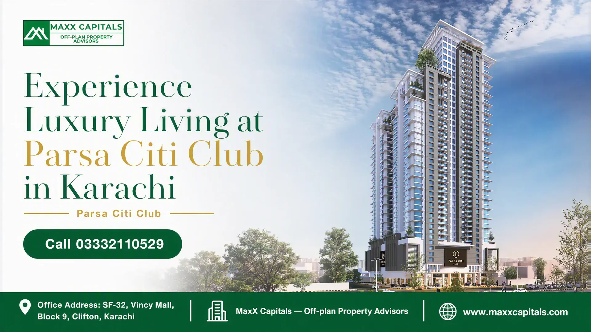 Architectural High-Rise Residential Tower At Parsa Citi Club Featuring Modern Balconies And Podium Retail In Karachi.