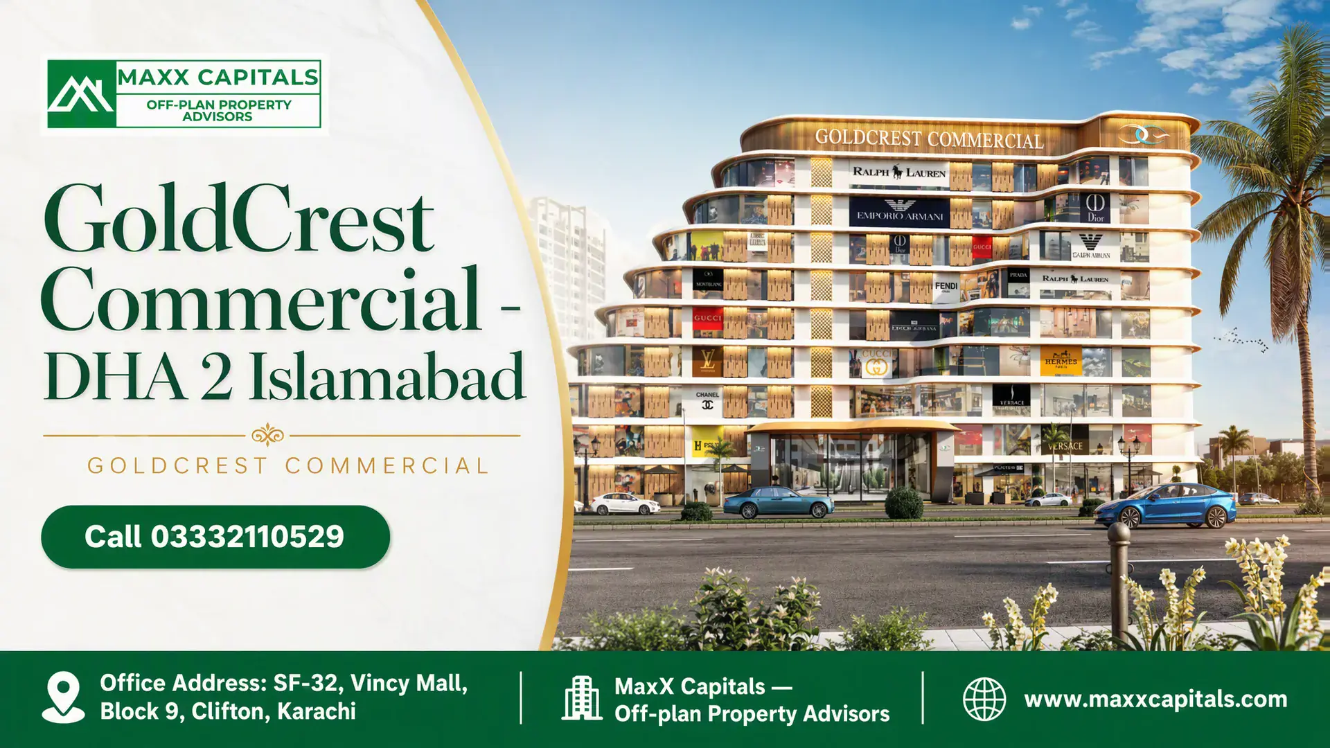 Modern Tiered Facade Of Goldcrest Commercial Retail Complex In Dha 2 Islamabad Featuring Glass Storefronts.