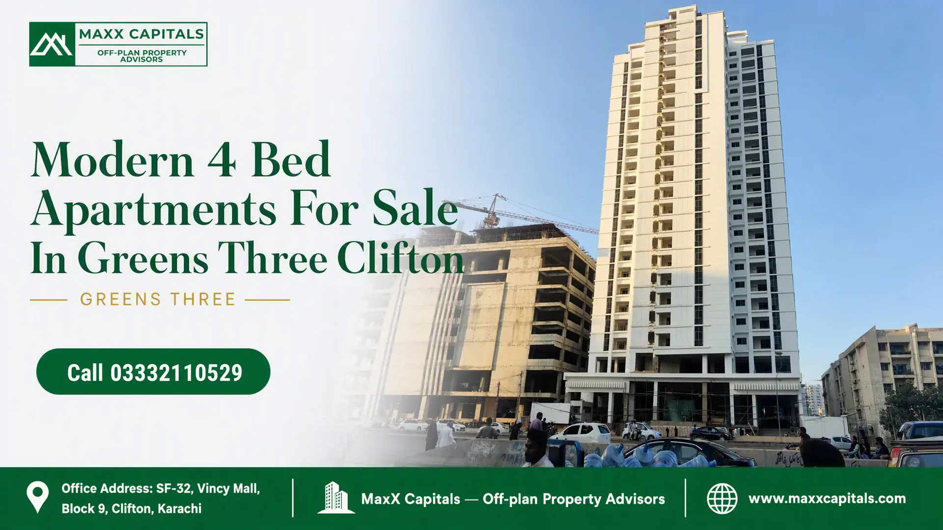 Exterior View Of The Greens Three High-Rise Residential Tower Featuring Modern Architectural Facade In Clifton.