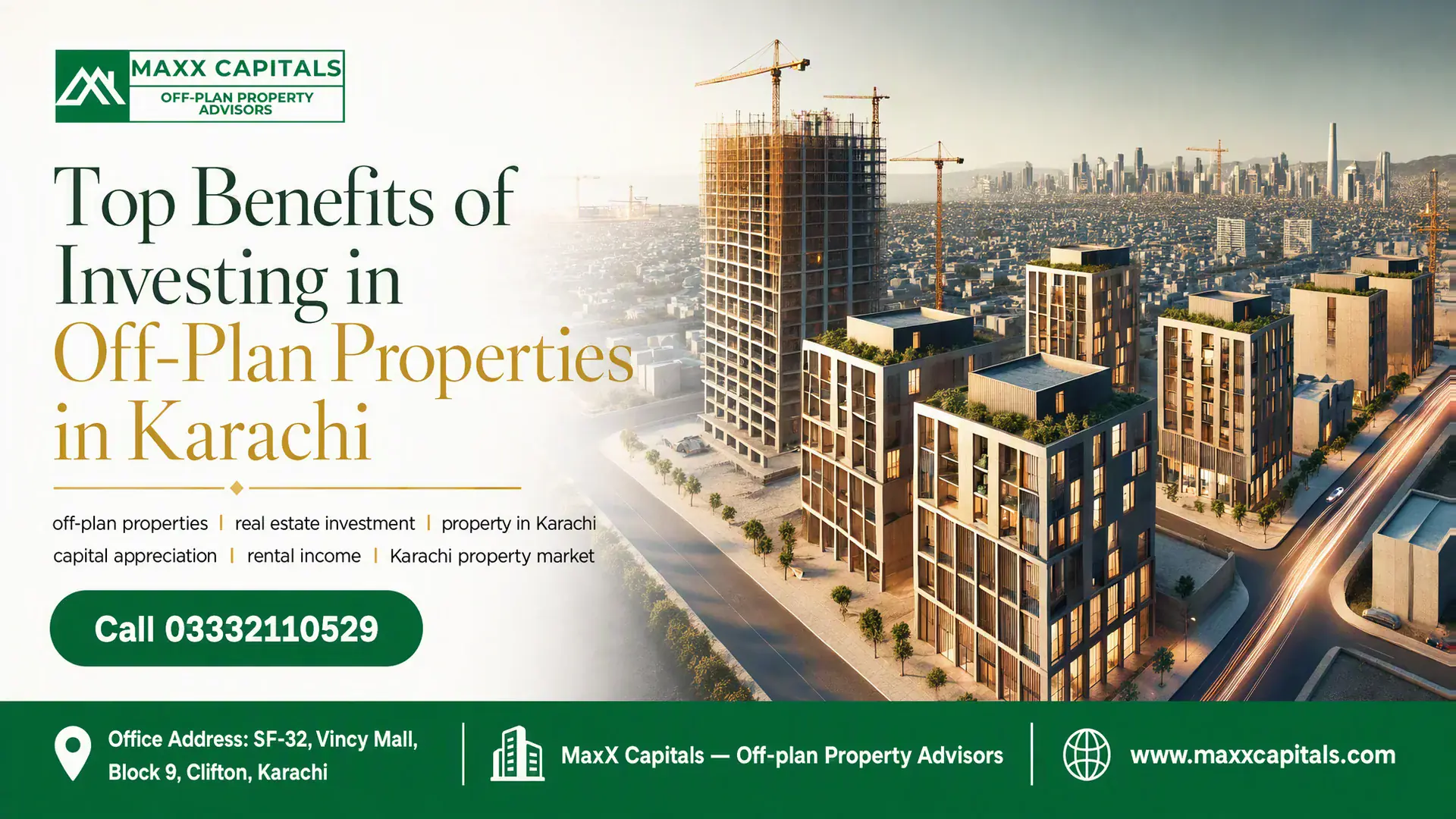 Modern High-Rise Off-Plan Properties Under Construction Overlooking The Vibrant Karachi Property Market Cityscape.
