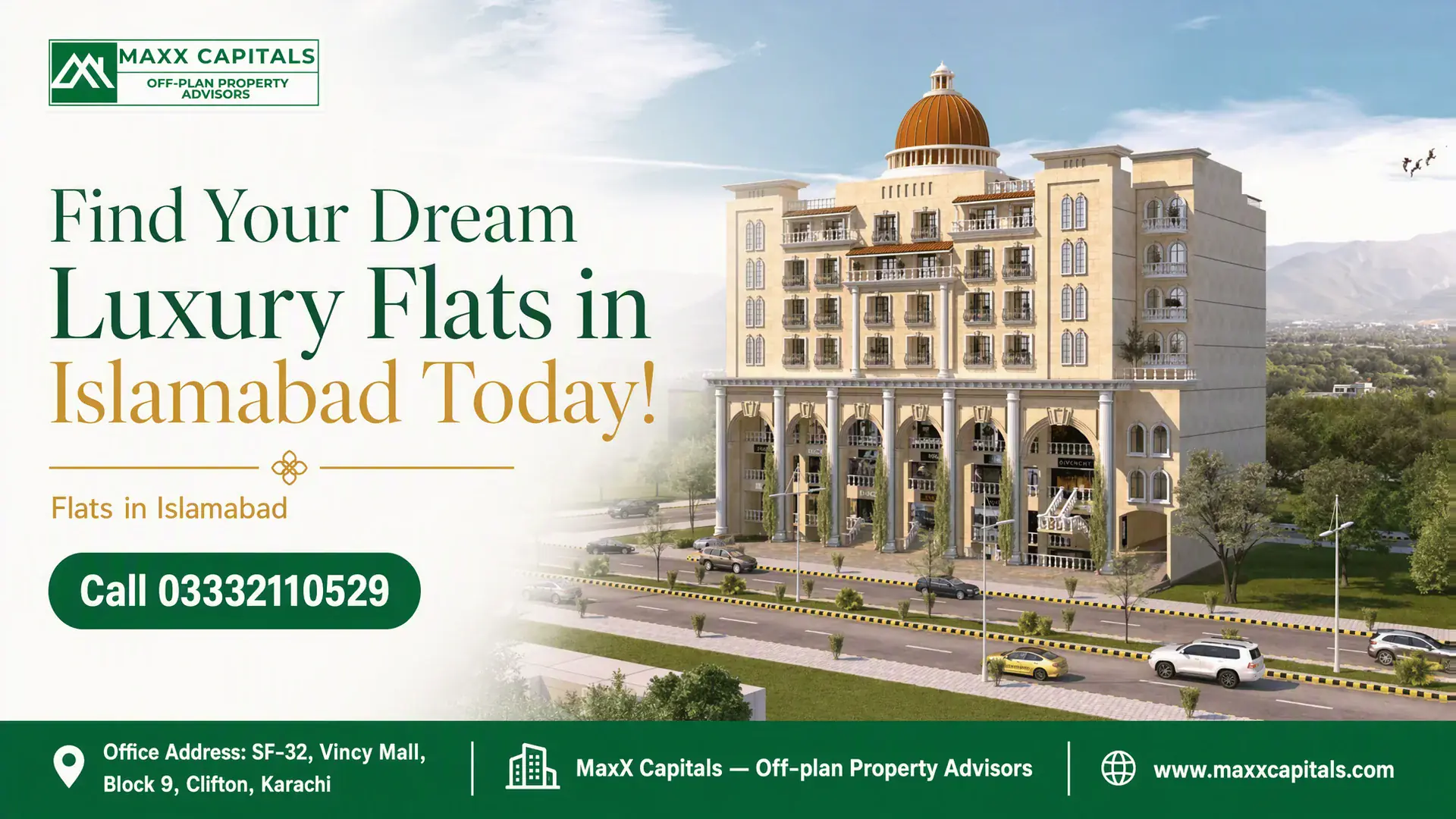 Classical Multistory Residential Building Featuring Luxury Flats In Islamabad With A Dome And Arched Facade.