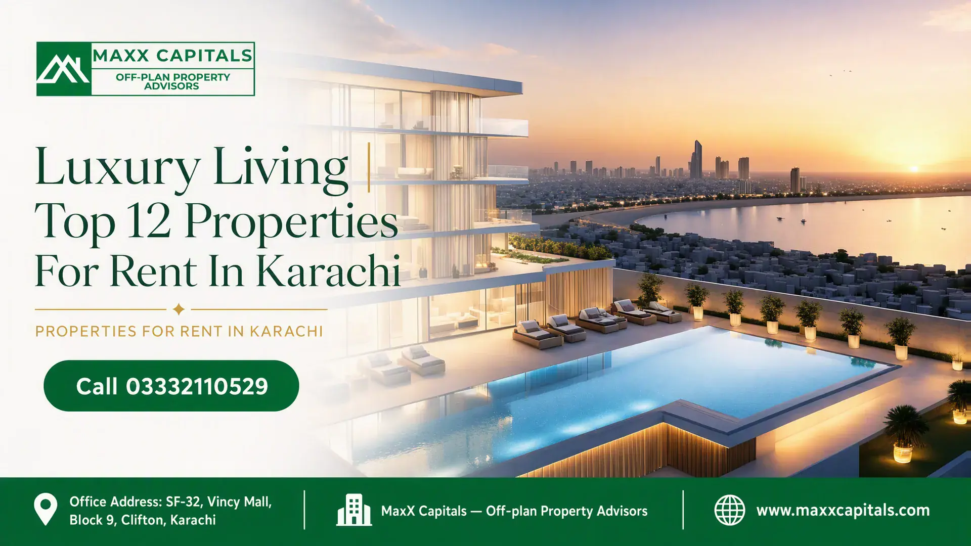 Modern Luxury High-Rise With Infinity Pool And Sunset Coastline View Among Premier Properties For Rent In Karachi.