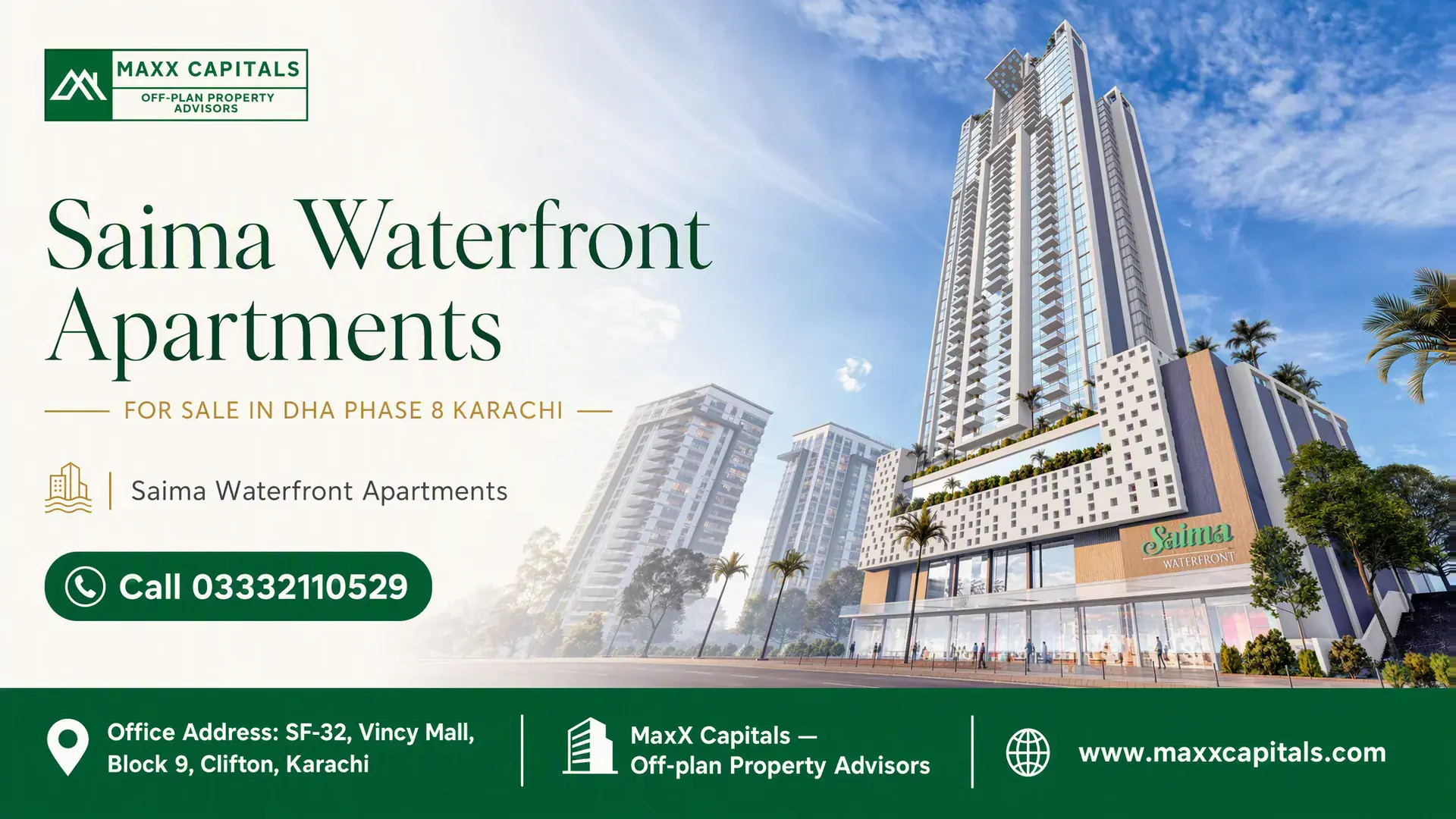 Modern Luxury High-Rise Residential Tower Exterior At Saima Waterfront Apartments In Dha Phase 8 Karachi.