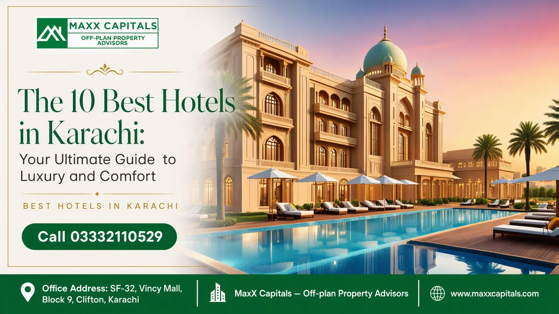 Palatial Luxury Resort Exterior With A Grand Pool Representing The Best Hotels In Karachi.