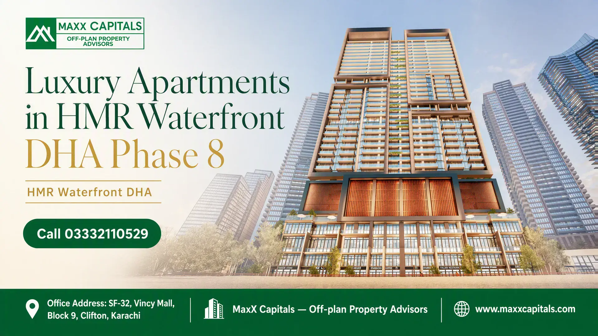 Architectural Facade Of Modern High-Rise Luxury Residential Towers At Hmr Waterfront Dha Phase 8.