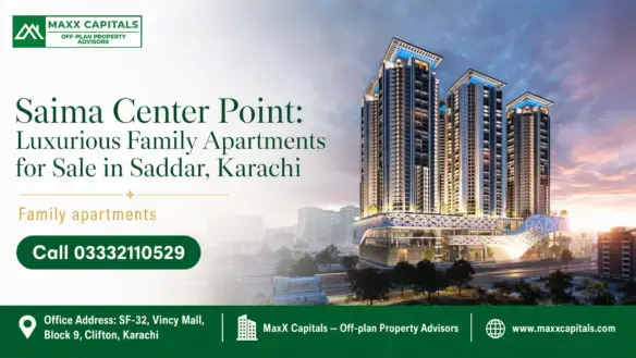 Architectural High-Rise Towers Of Saima Center Point Featuring Modern Family Apartments In Saddar, Karachi.