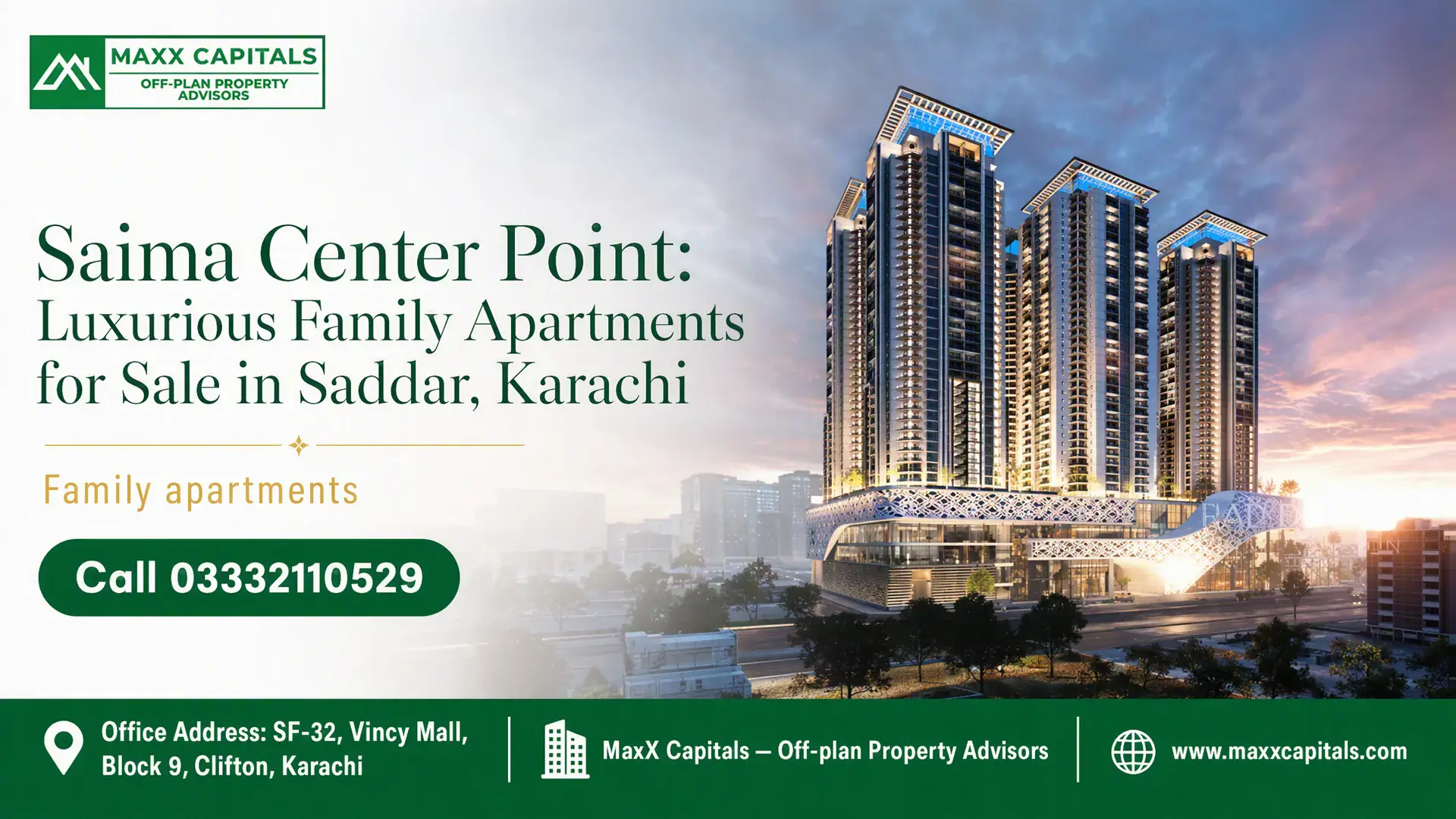 Architectural High-Rise Towers Of Saima Center Point Featuring Modern Family Apartments In Saddar, Karachi.