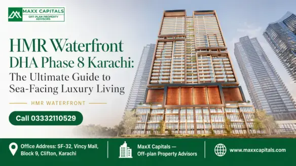Luxury High-Rise Residential Towers And Modern Facade At Hmr Waterfront In Dha Phase 8 Karachi.
