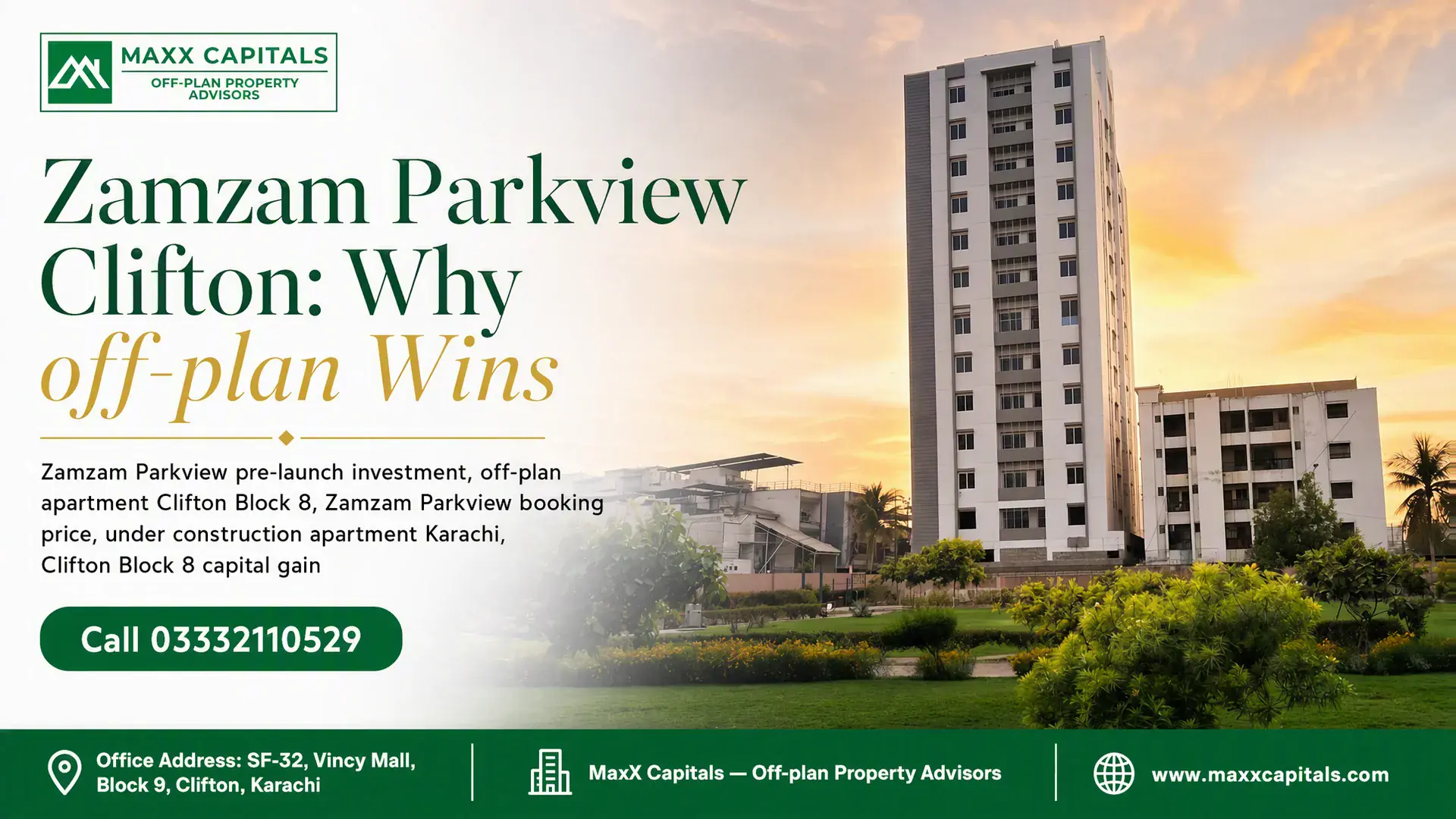 Off-Plan Apartment Clifton Block 8 High-Rise Residential Tower Overlooking Lush Landscaped Green Park