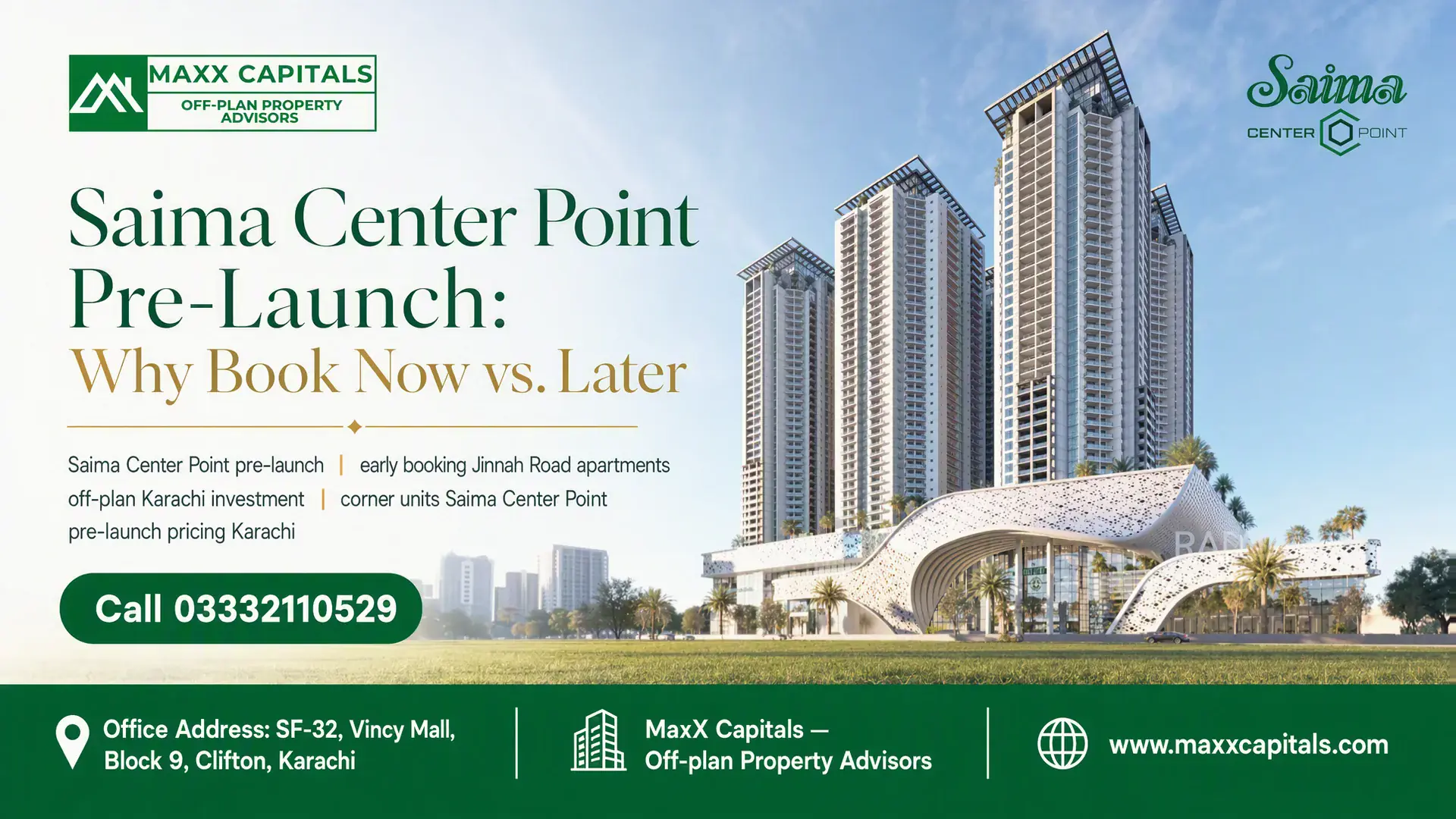 Modern High-Rise Towers And Parametric Podium At Saima Center Point Pre-Launch Development In Karachi.