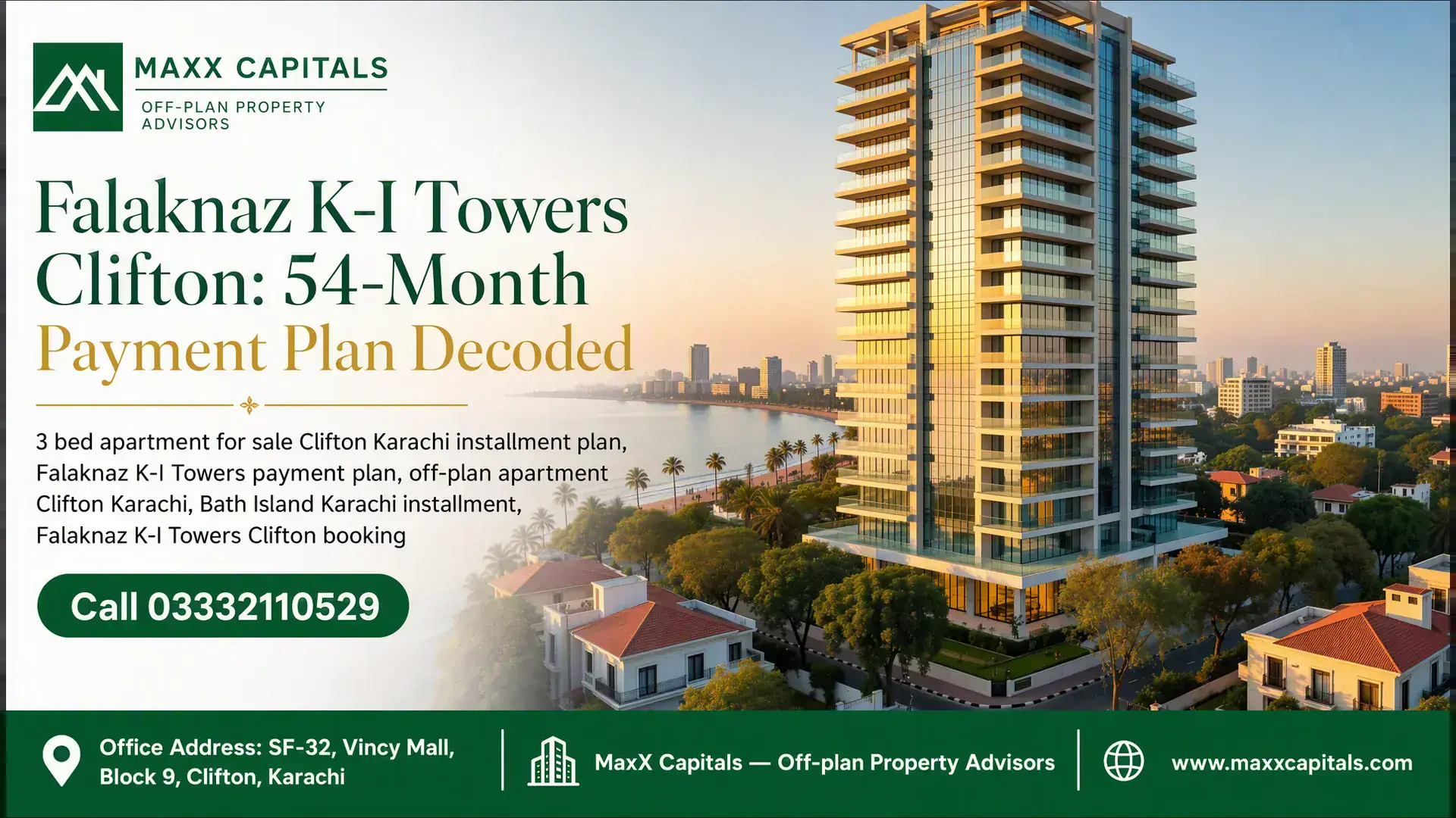 Modern High-Rise Facade Of Falaknaz K-I Towers Off-Plan Apartment In Clifton Karachi Along The Scenic Coastline.