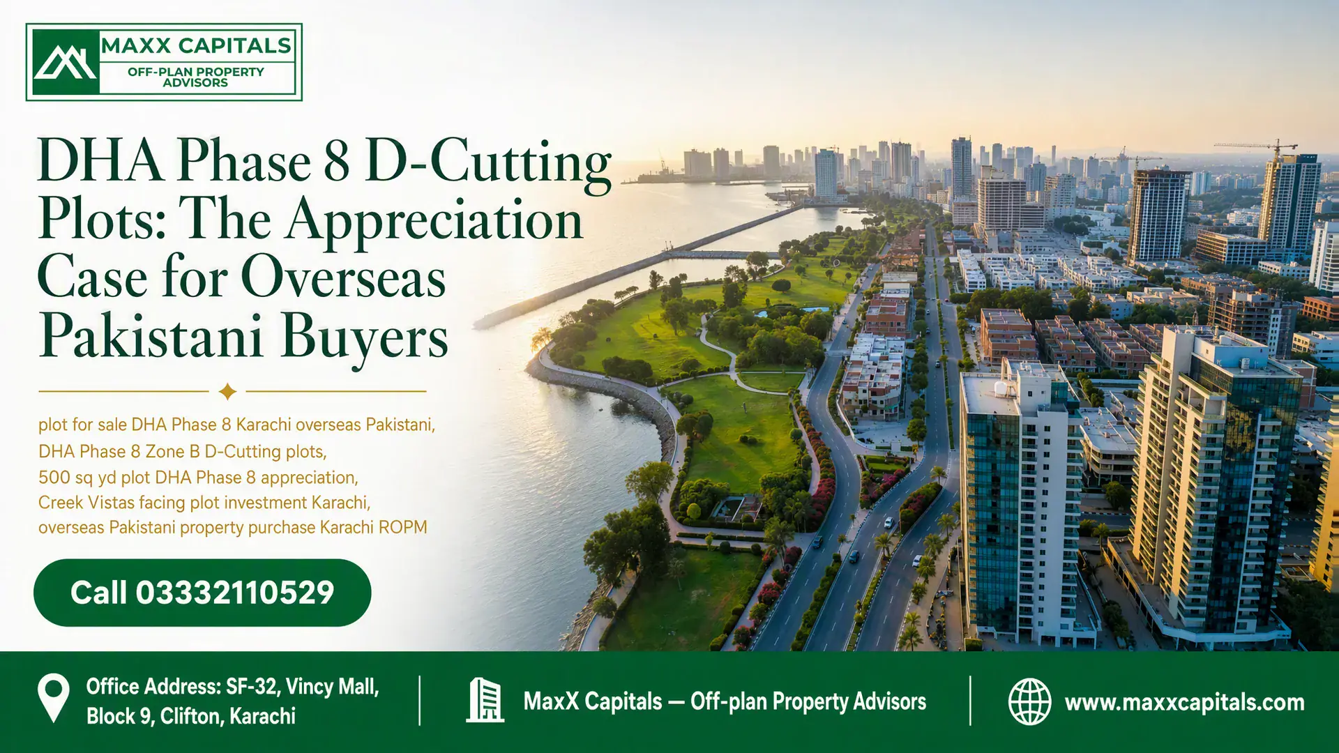 Aerial View Of Waterfront Skyline And Dha Phase 8 Zone B D-Cutting Plots In Karachi.