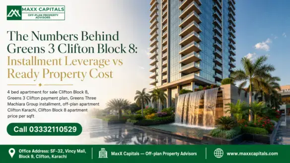 Modern Luxury Off-Plan Apartment Clifton Karachi Tower Featuring A Sleek Glass Facade, Balconies, And Waterfall Entrance.