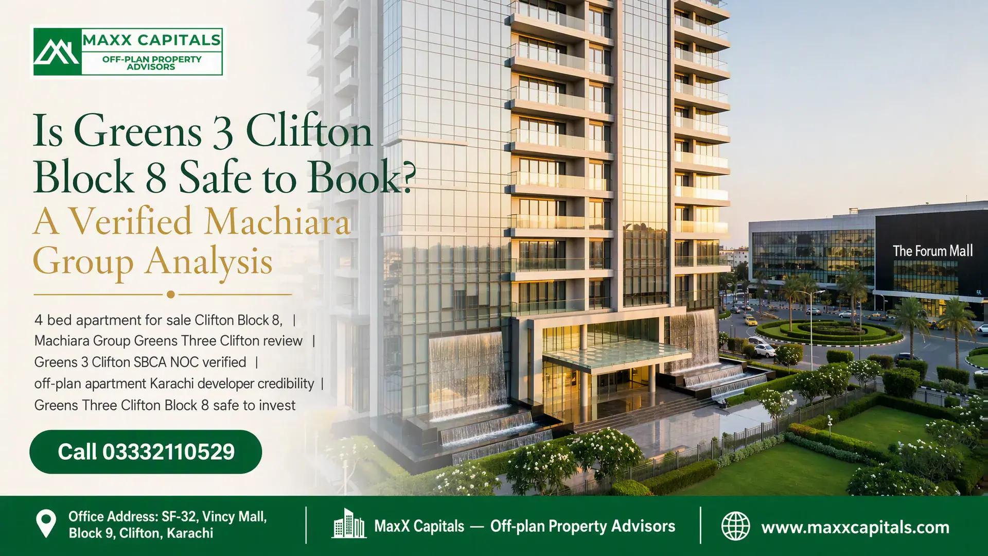 Luxury High-Rise Facade With Water Features Offering 4 Bed Apartment For Sale Clifton Block 8.