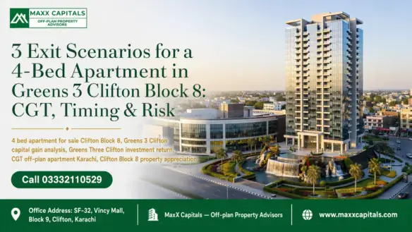 Modern High-Rise Facade Of Luxury 4 Bed Apartment For Sale Clifton Block 8 At Greens 3 With Waterfall Landscaping.