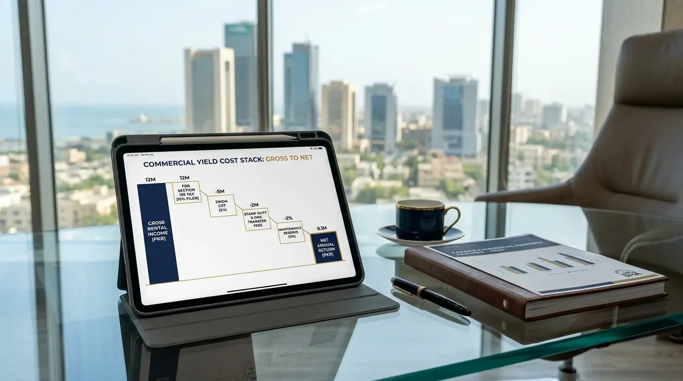 Bank Rented Property For Sale In Karachi: 2026 Commercial Yield Guide 4 Commercial Property Gross To Net Rental Yield Cost Stack Fbr Tax And Acquisition Overhead Karachi | Maxx Capitals