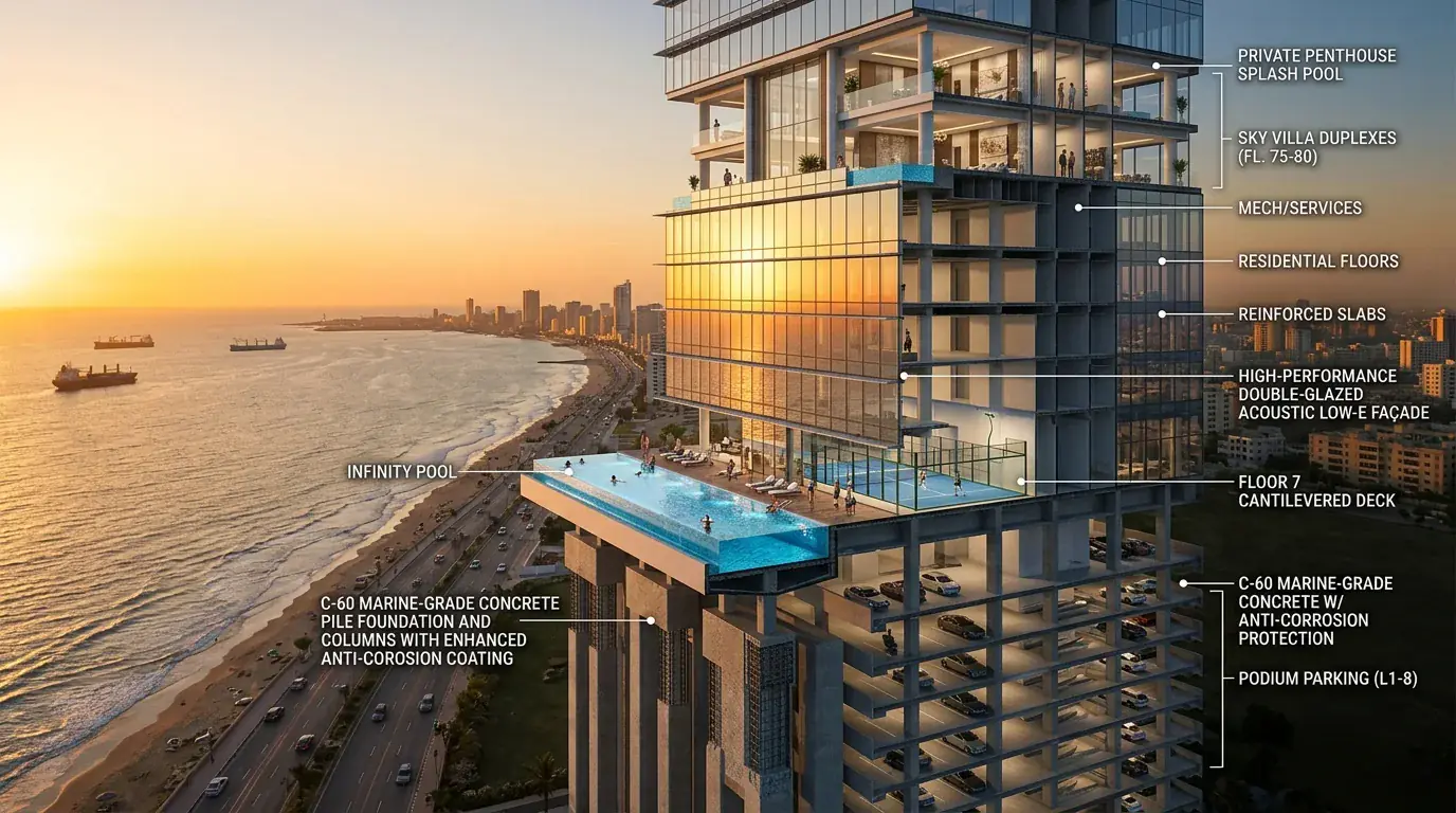 The Trillium Vs Hmr Waterfront: A Head-To-Head Audit Of Dha Karachi'S Two Ultra-Prime Beachfront Towers In 2026 4 Architectural 3D Engineering Cutaway Rendering Of A Karachi Beachfront High-Rise Tower Detailing C-60 Marine Concrete, Infinity Pool, And Low-E Facade