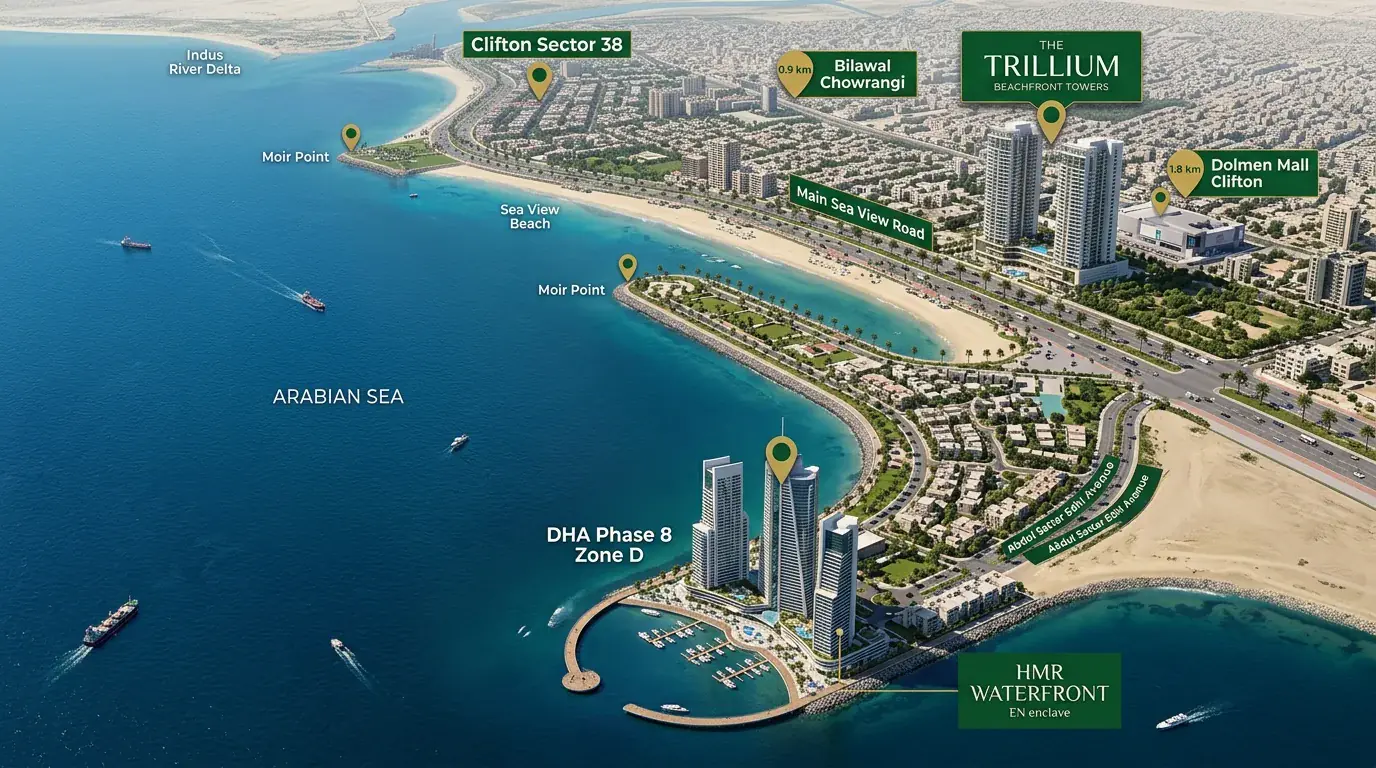 The Trillium Vs Hmr Waterfront: A Head-To-Head Audit Of Dha Karachi'S Two Ultra-Prime Beachfront Towers In 2026 2 Spatial Aerial Comparison Map Of Karachi Coastal Corridor Showing The Trillium On Sea View Road And Hmr Waterfront In Dha Phase 8 Zone D