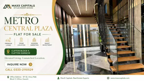 MaxX Capitals Metro Central Plaza Clifton Block 9 lobby with marble floor and modern staircase