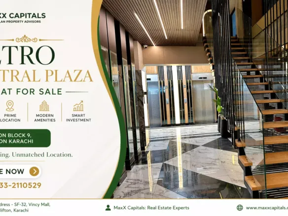 MaxX Capitals Metro Central Plaza Clifton Block 9 lobby with marble floor and modern staircase