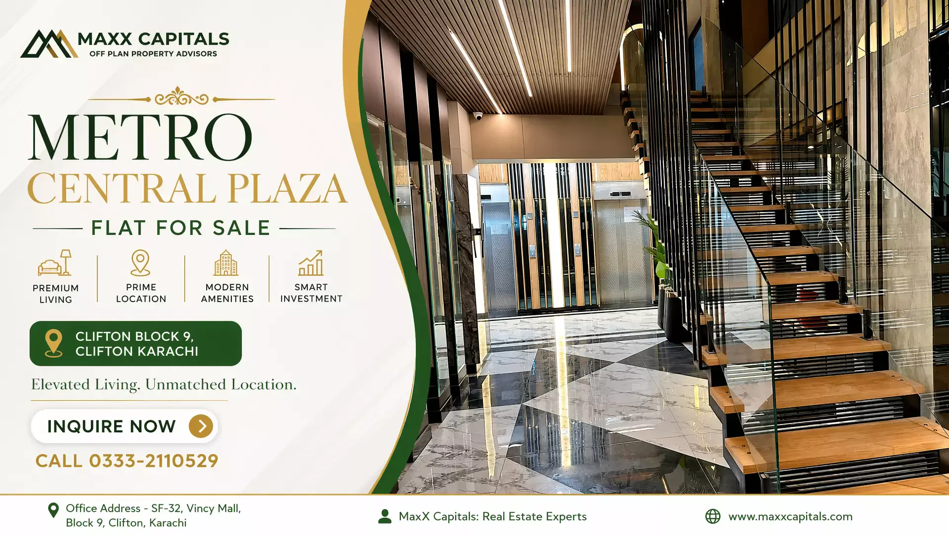 3 Bed Flat for Sale in Metro Central Plaza Clifton Block 9 MaxX Capitals Metro Central Plaza Clifton Block 9 lobby with marble floor and modern staircase
