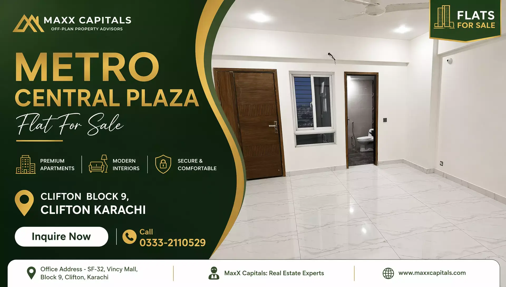 3 Bed Flat for Sale in Metro Central Plaza Clifton Block 9 MaxX Capitals: Metro Central Plaza Clifton Block 9 flat interior with white tile flooring, wooden doors, and window