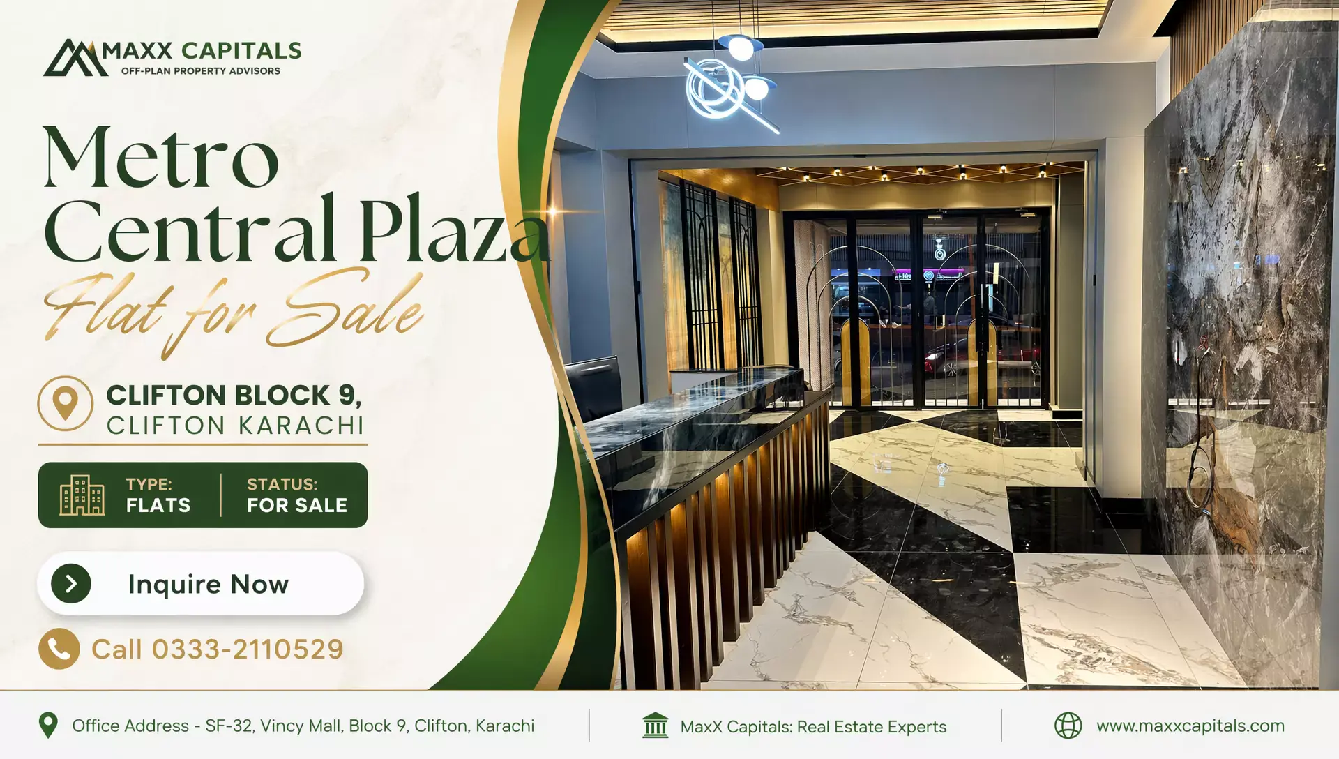3 Bed Flat for Sale in Metro Central Plaza Clifton Block 9 MaxX Capitals Metro Central Plaza Clifton Block 9 lobby with marble flooring and reception desk
