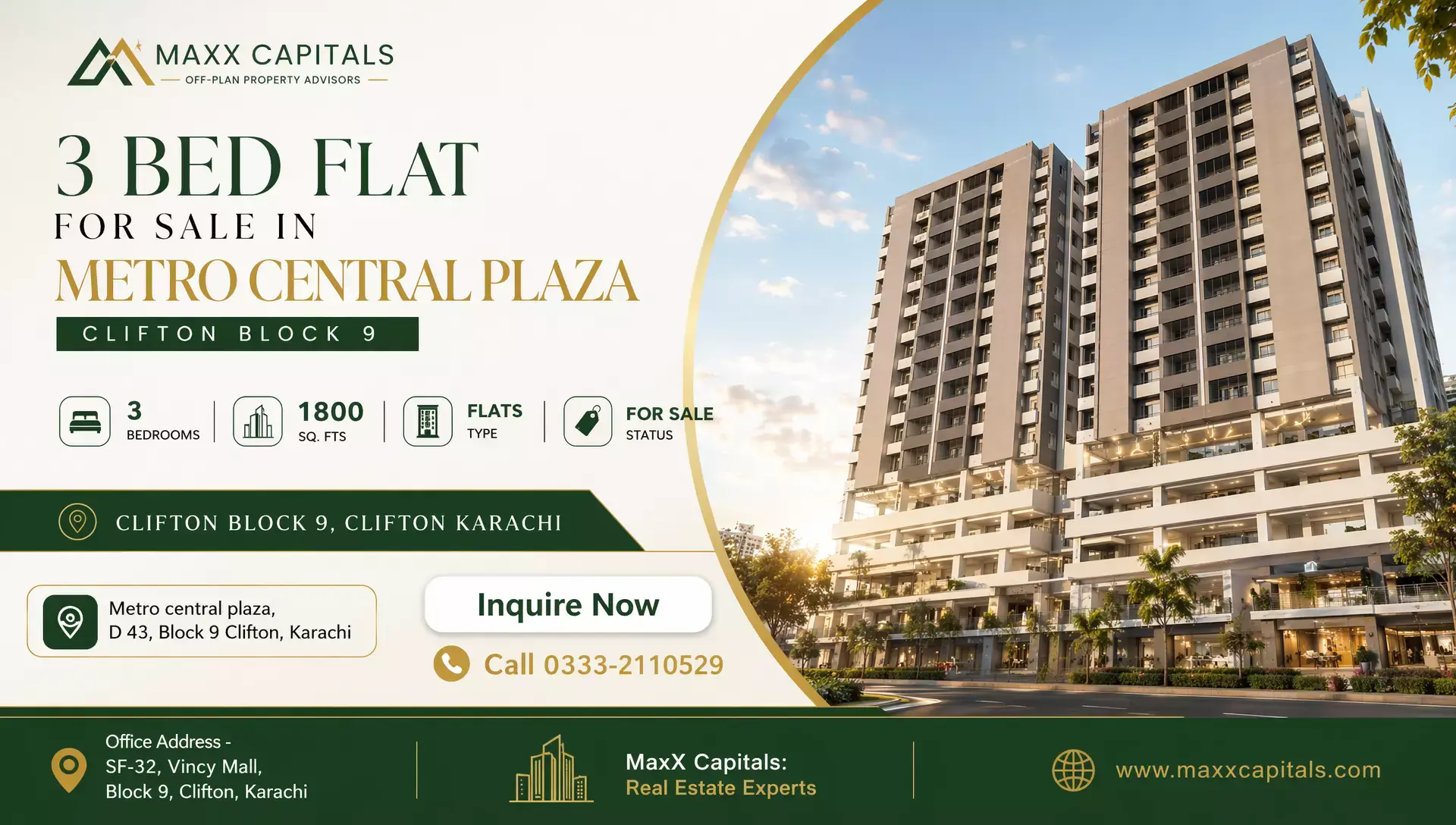3 Bed Flat for Sale in Metro Central Plaza Clifton Block 9 MaxX Capitals 3 bed flat for sale in Metro Central Plaza, Clifton Block 9, Karachi high-rise exterior