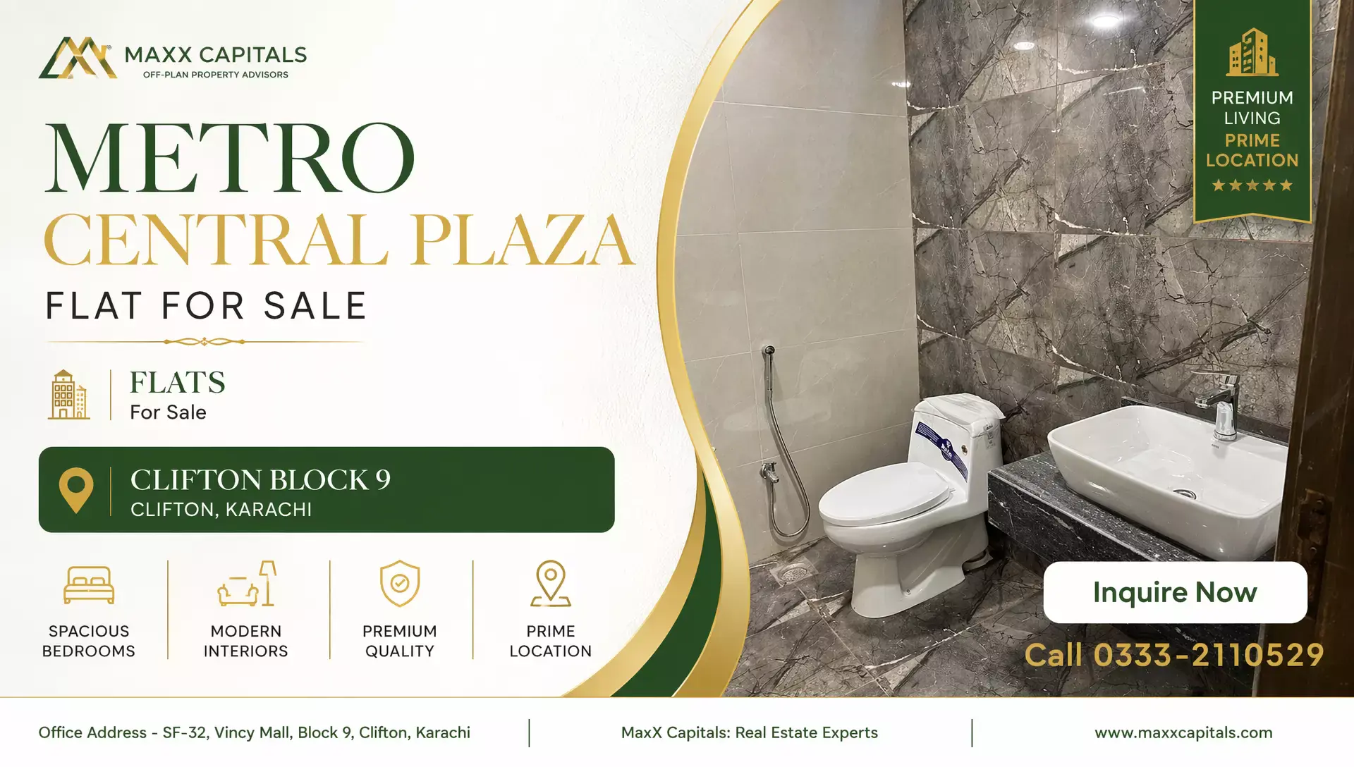 3 Bed Flat for Sale in Metro Central Plaza Clifton Block 9 MaxX Capitals Metro Central Plaza Clifton Block 9 bathroom with toilet, sink, marble tile walls and floor