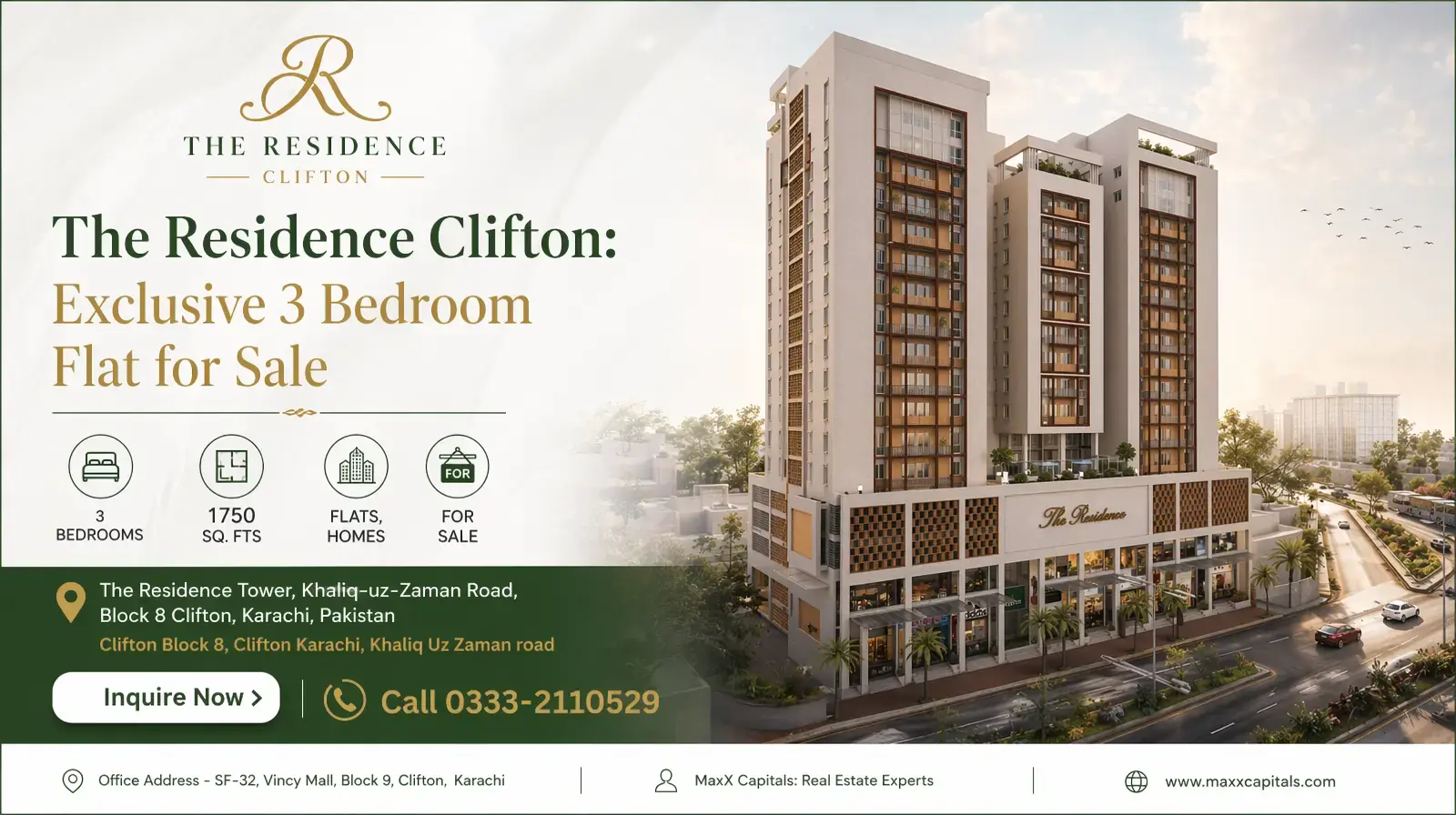 The Residence Clifton: 3-Bedroom Flat for Sale in Block 8 The Residence Clifton tower rendering in Block 8, Karachi, by MaxX Capitals