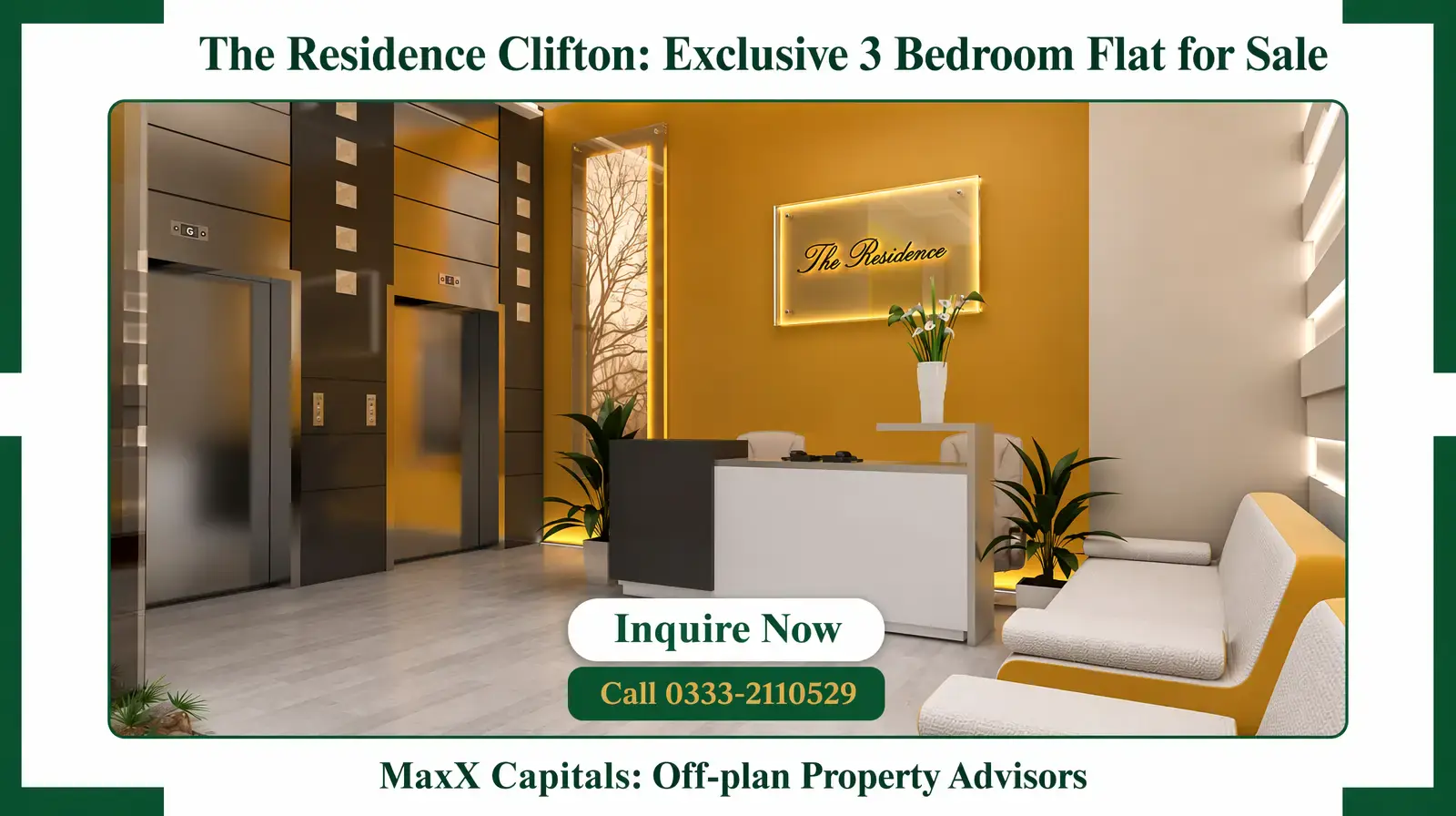 The Residence Clifton: 3-Bedroom Flat for Sale in Block 8 MaxX Capitals view of The Residence Clifton lobby with reception desk, elevators, and lounge seating