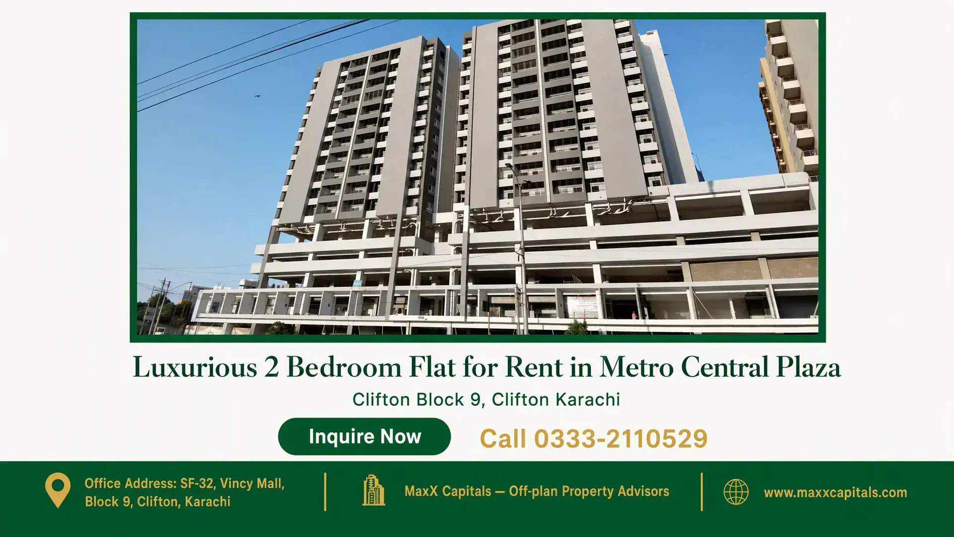 Luxurious 2 Bedroom Flat for Rent in Metro Central Plaza Metro Central Plaza high-rise flat for rent with twin towers and podium parking in Clifton Karachi