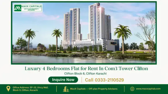 COM3 tower Clifton high-rise flat for rent, waterfront towers with landscaped grounds and palm-lined frontage